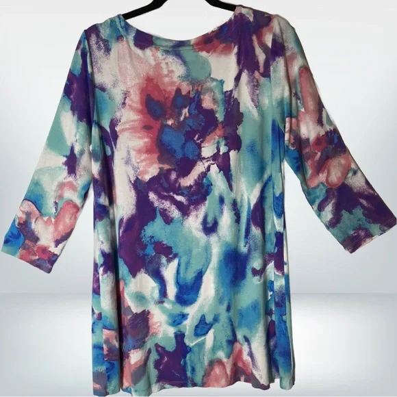 Belle by Kim Gravel 3/4 Sleeve Watercolor Print Tunic Top, Medium - Picture 4 of 8